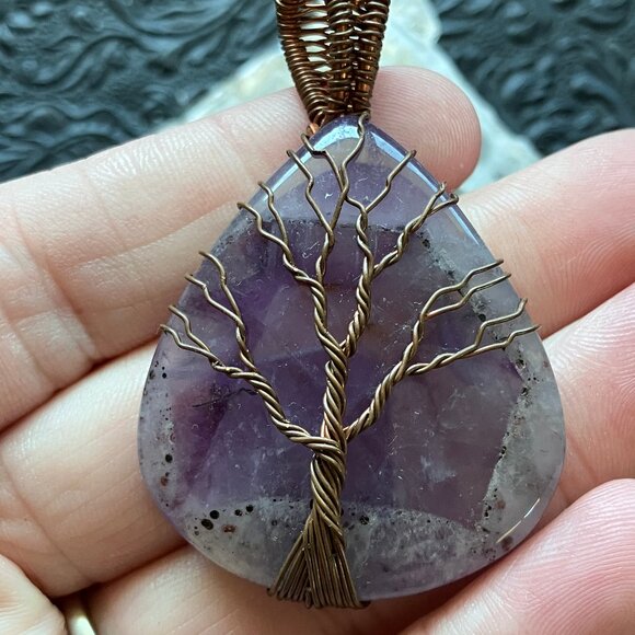 Copper Wire Wrapped Amethyst Tree Of Life Crystal Gemstone Jewelry Pendant - Picture 9 of 9
